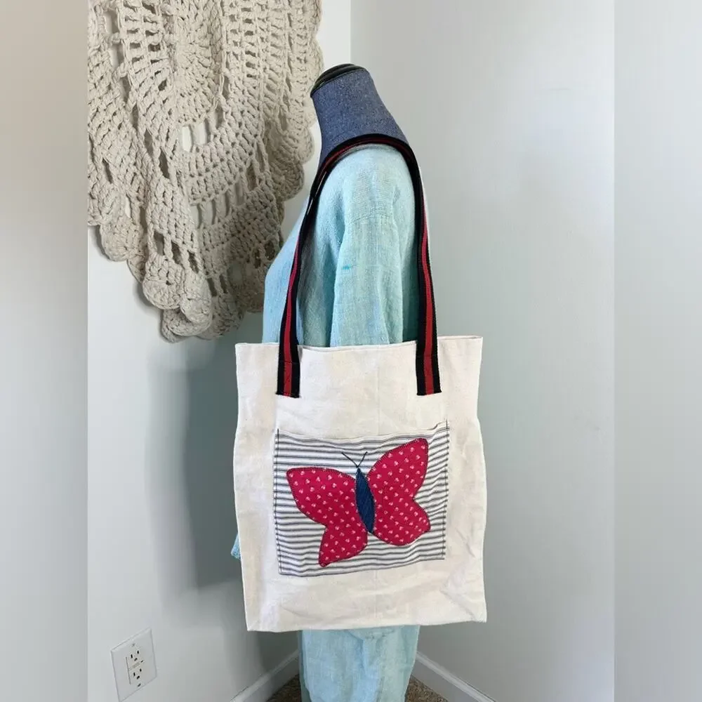 Vintage Handmade Quilted Patchwork Butterfly Tote Bag